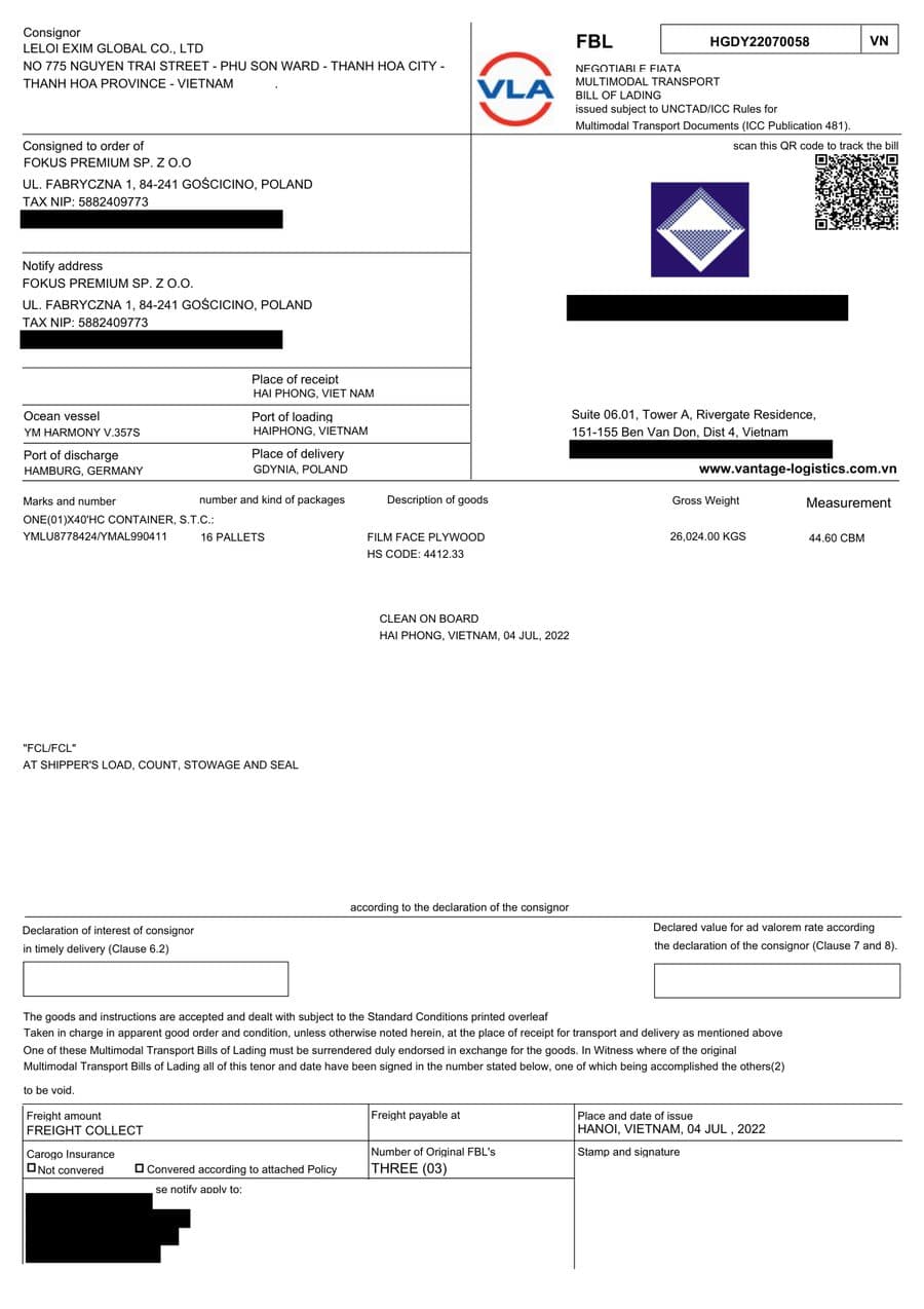 Bill of lading for a LELOI plywood shipment from Vietnam 6