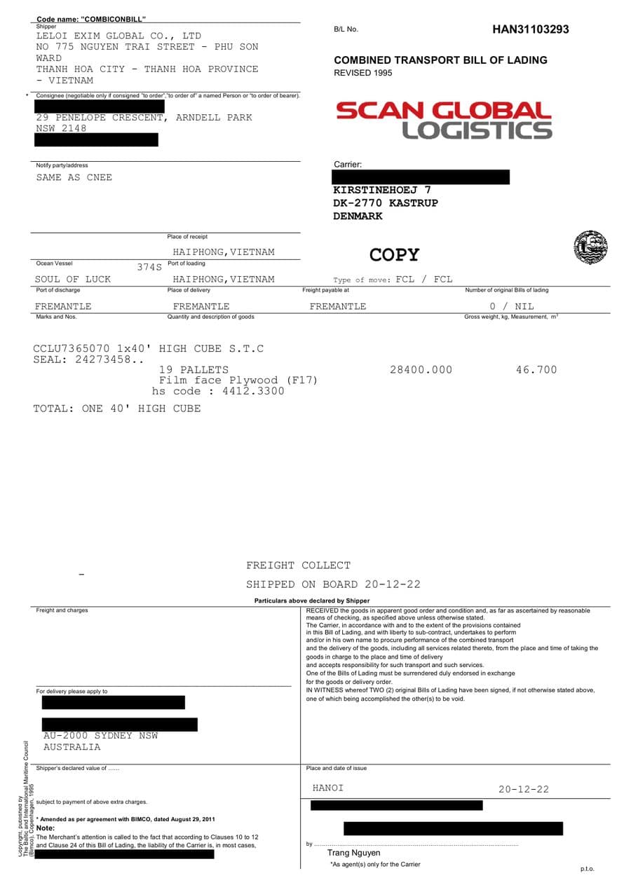 Bill of lading for a LELOI plywood shipment from Vietnam 5