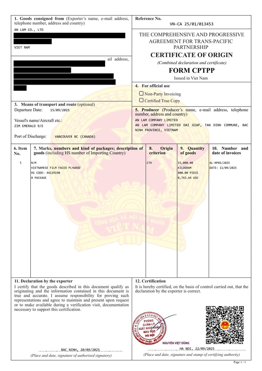 Bill of lading for a LELOI plywood shipment from Vietnam 3