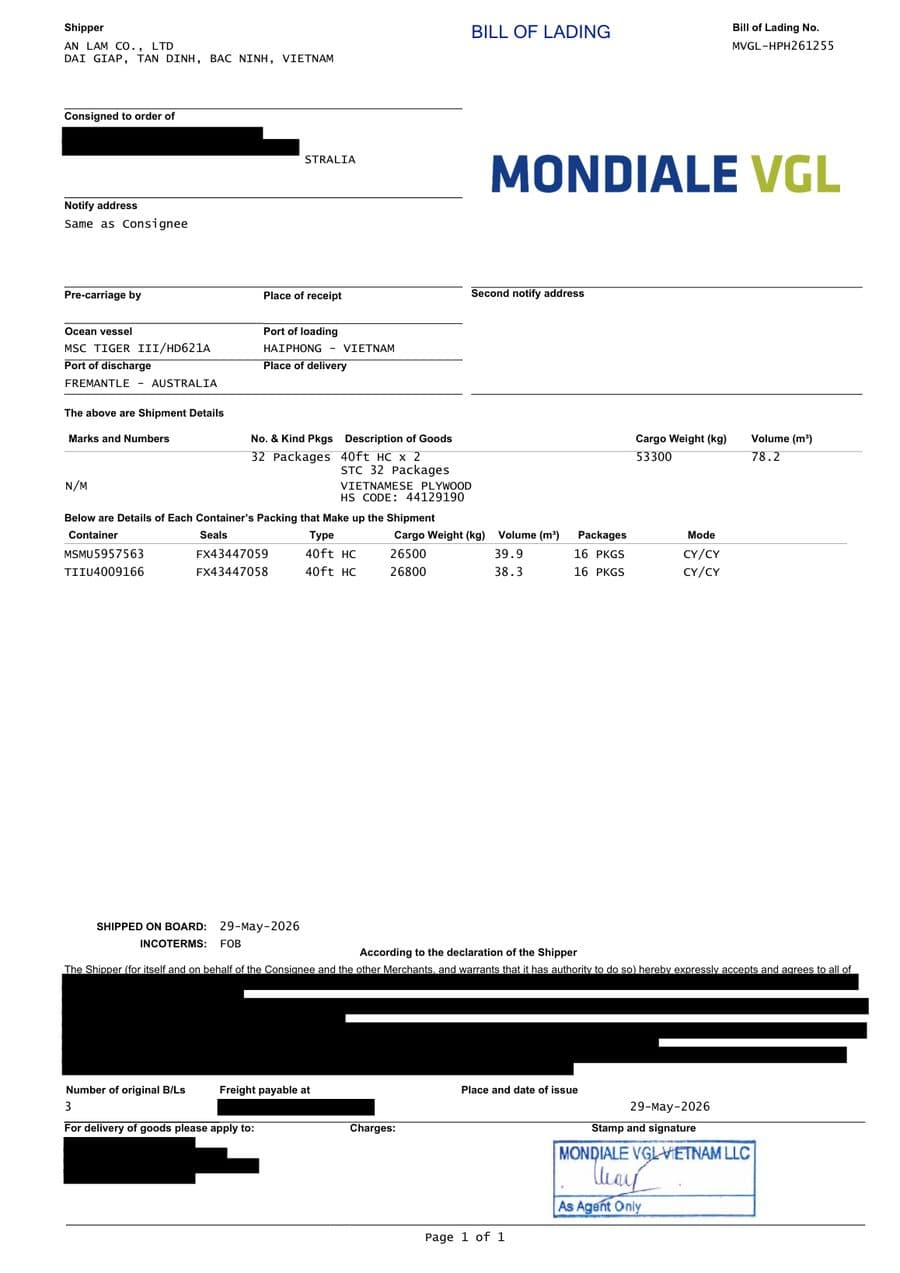 Bill of lading for a LELOI plywood shipment from Vietnam 2