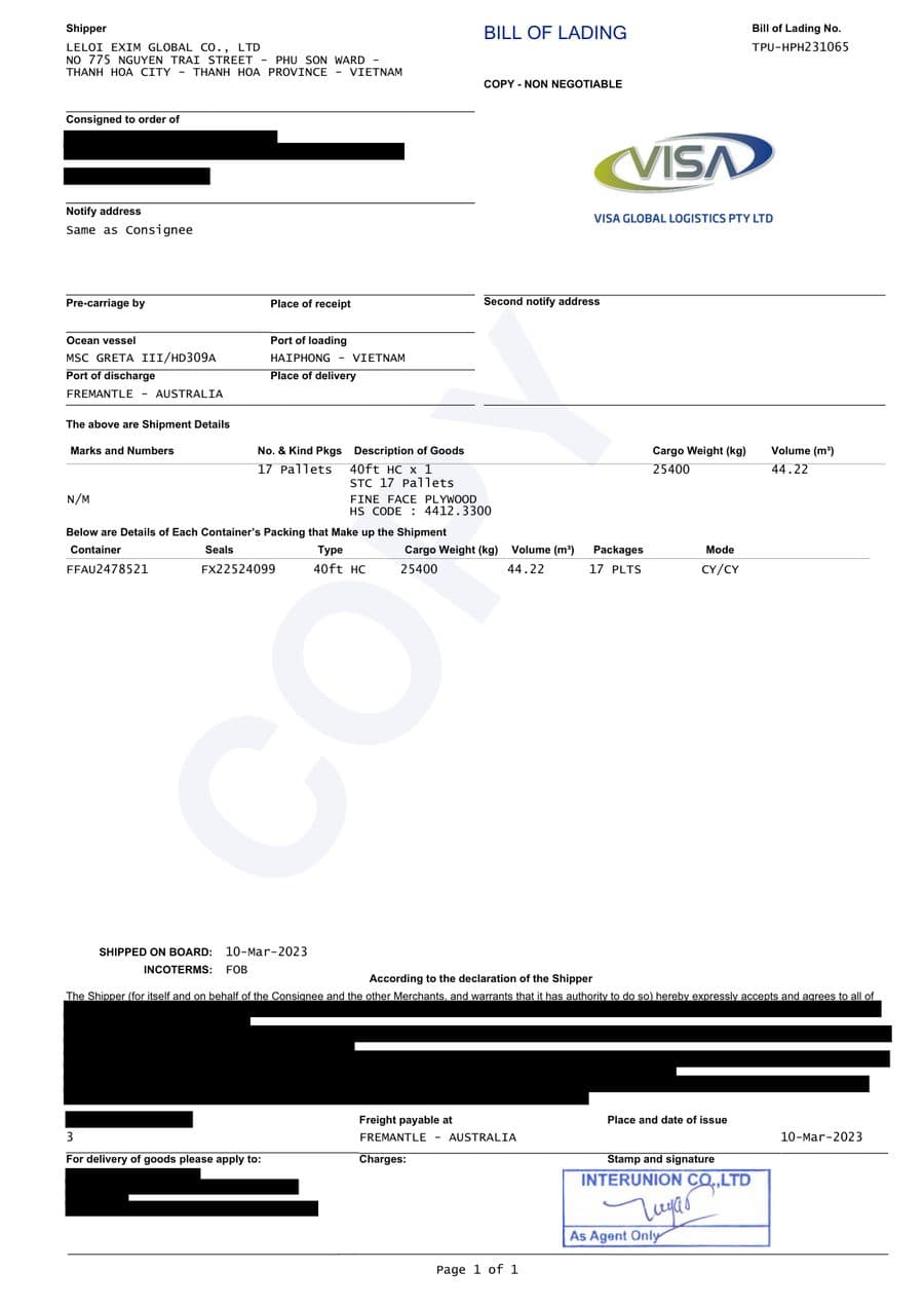 Bill of lading for a LELOI plywood shipment from Vietnam 4