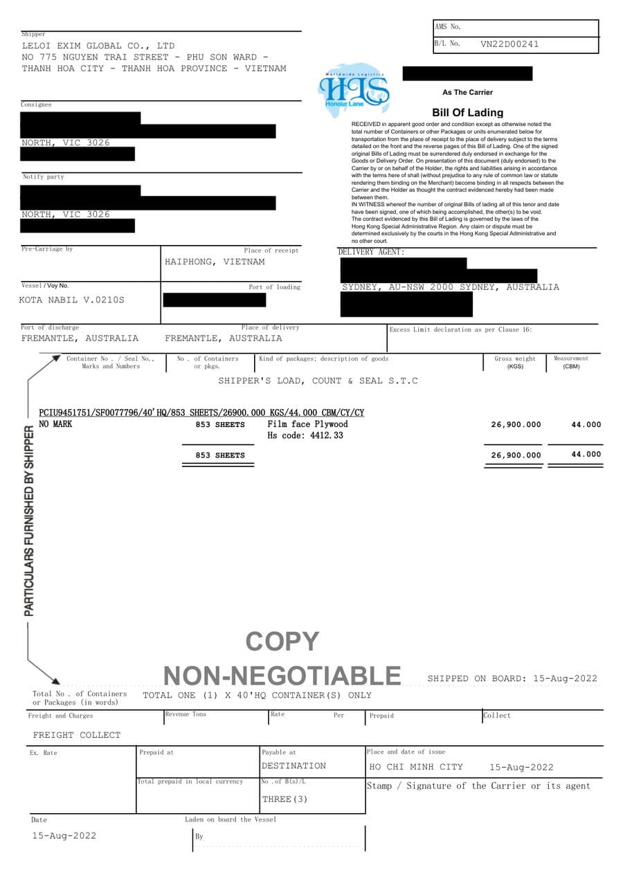 Bill of lading for a LELOI plywood shipment from Vietnam 1