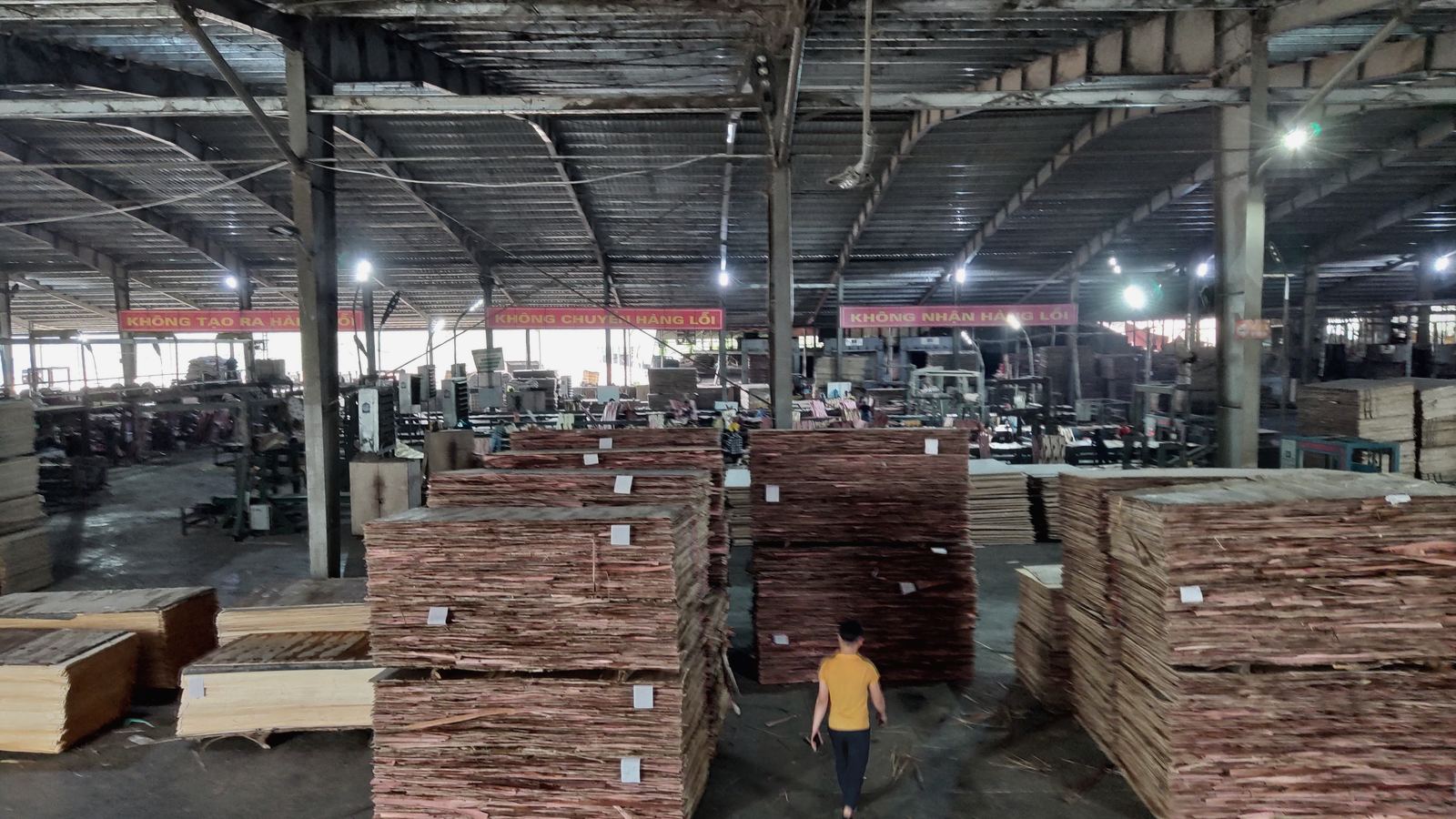 LELOI partner mill in Vietnam — veneer stacks and press line