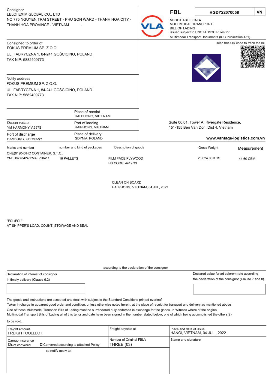Bill of lading for a LELOI plywood shipment from Vietnam 6