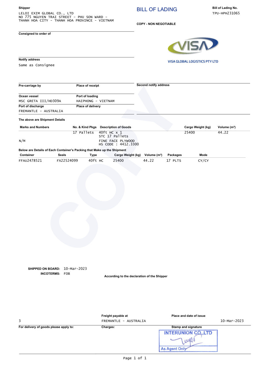 Bill of lading for a LELOI plywood shipment from Vietnam 4