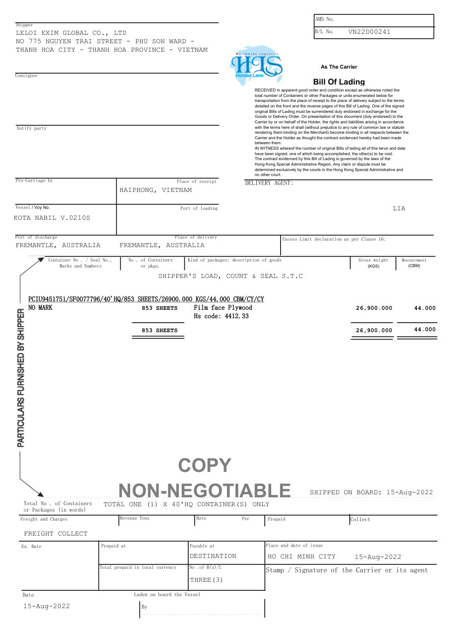 Bill of lading for a LELOI plywood shipment from Vietnam 1